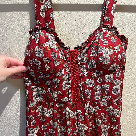 American Eagle Women's Red Floral Wide Leg Jumpsuit Sz 4 Boho Spring - Picture 4 of 7